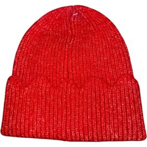 Uncharted Threads Cherry Red Scallop Edge Ribbed Knit Beanie Hat OSFM NEW